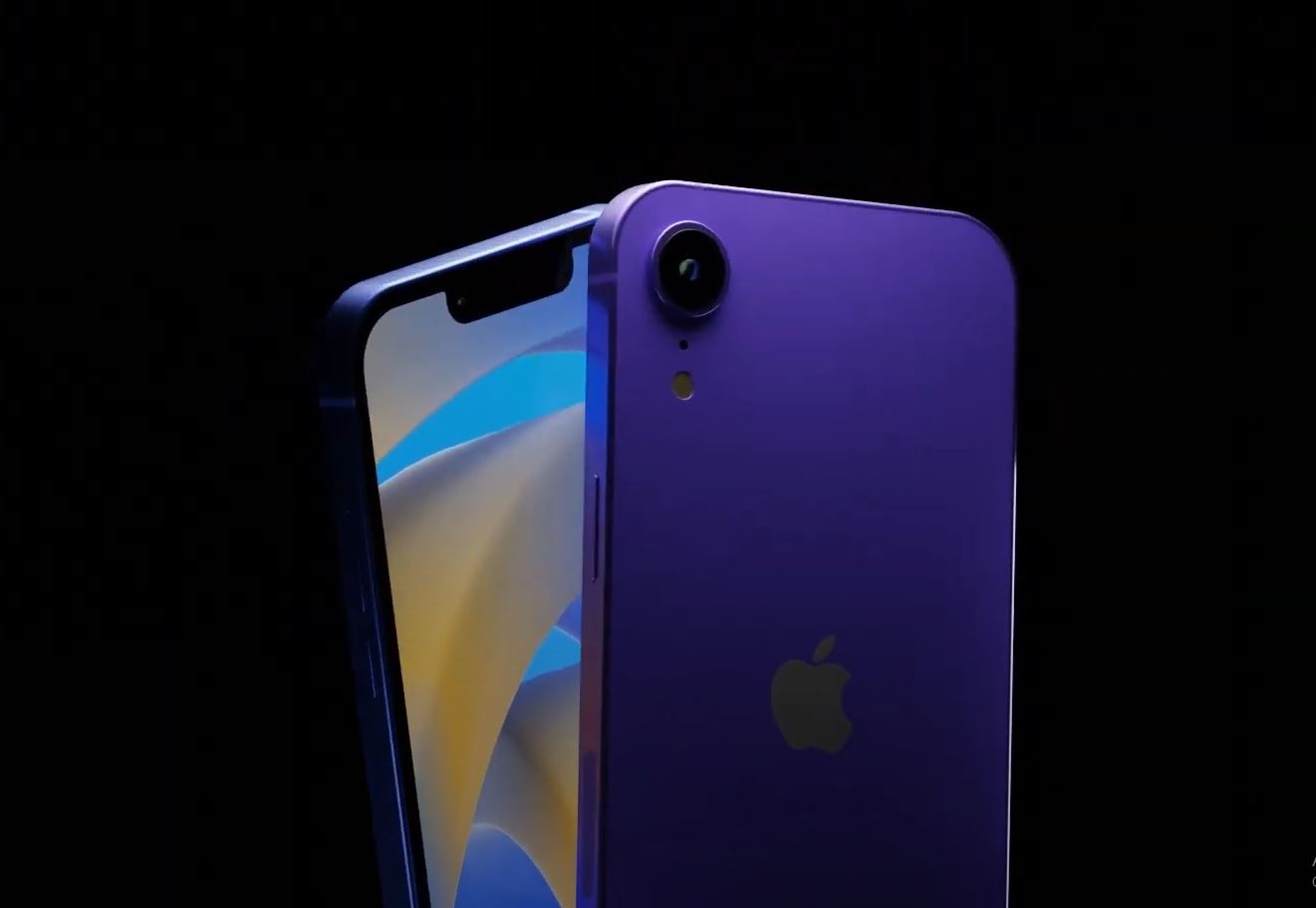 A digital concept rendering of Apple's 2025 iPhone SE 4 in the color purple.